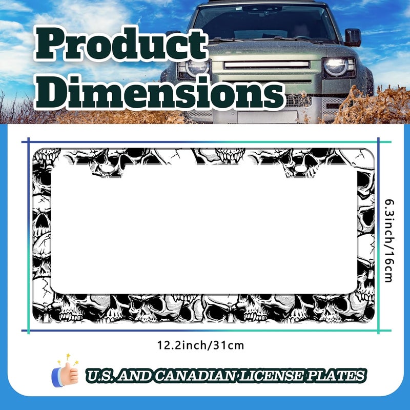 TINALUIN Skull License Plate Frame Black White Skeleton Stainless Steel License Plate Holder for Front or Rear Car Tags Funny for Car Decoration Accessories with Screws 6.3 X 12.2 in for Women Men - Image 3